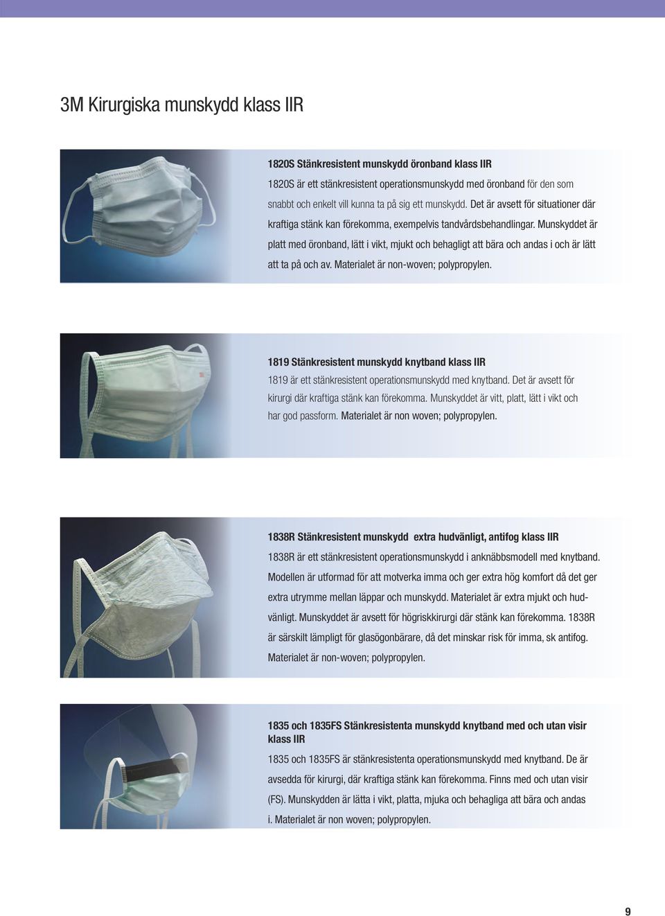 Munskyddet är platt med öronband, lätt i vikt, mjukt och behagligt att bära och andas i och är lätt att ta på och av. Materialet är non-woven; polypropylen.