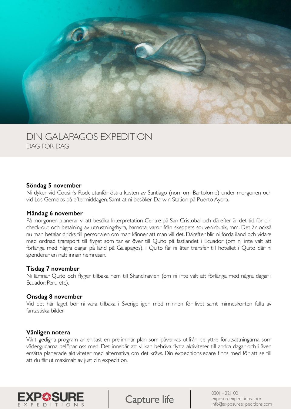 Måndag 6 november På morgonen planerar vi att besöka Interpretation Centre på San Cristobal och därefter är det tid för din check-out och betalning av utrustningshyra, barnota, varor från skeppets