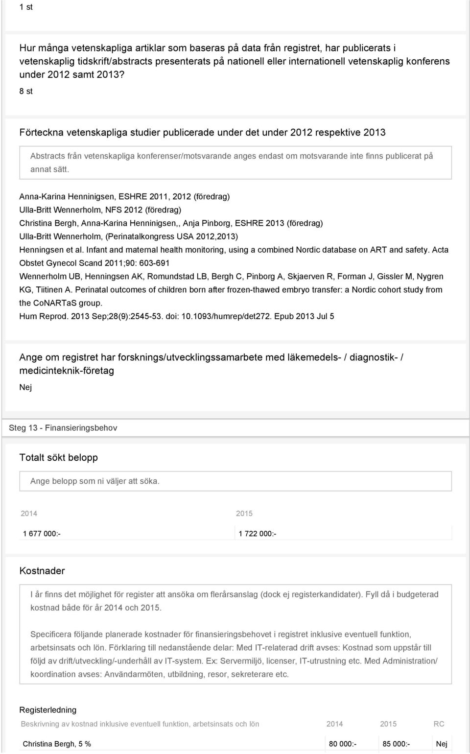 8 st Förteckna vetenskapliga studier publicerade under det under 2012 respektive 2013 Abstracts från vetenskapliga konferenser/motsvarande anges endast om motsvarande inte finns publicerat på annat