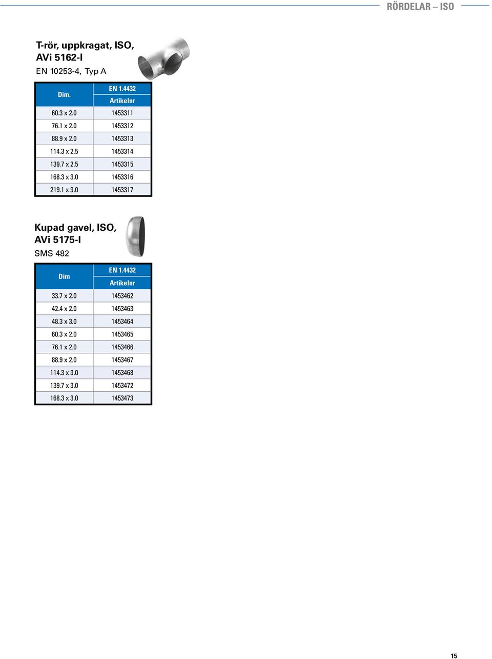 0 1453317 Kupad gavel, ISO, AVi 5175-I SMS 482 EN 1.4432 33.7 x 2.0 1453462 42.4 x 2.0 1453463 48.3 x 3.