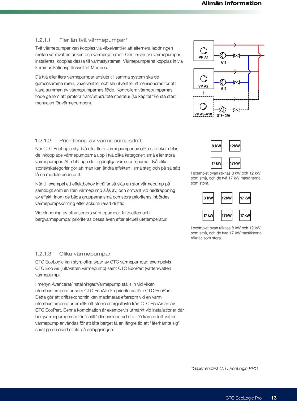 Då två eller flera värmepumpar ansluts till samma system ska de gemensamma rören, växelventiler och shuntventiler dimensioneras för att klara summan av värmepumparnas flöde.