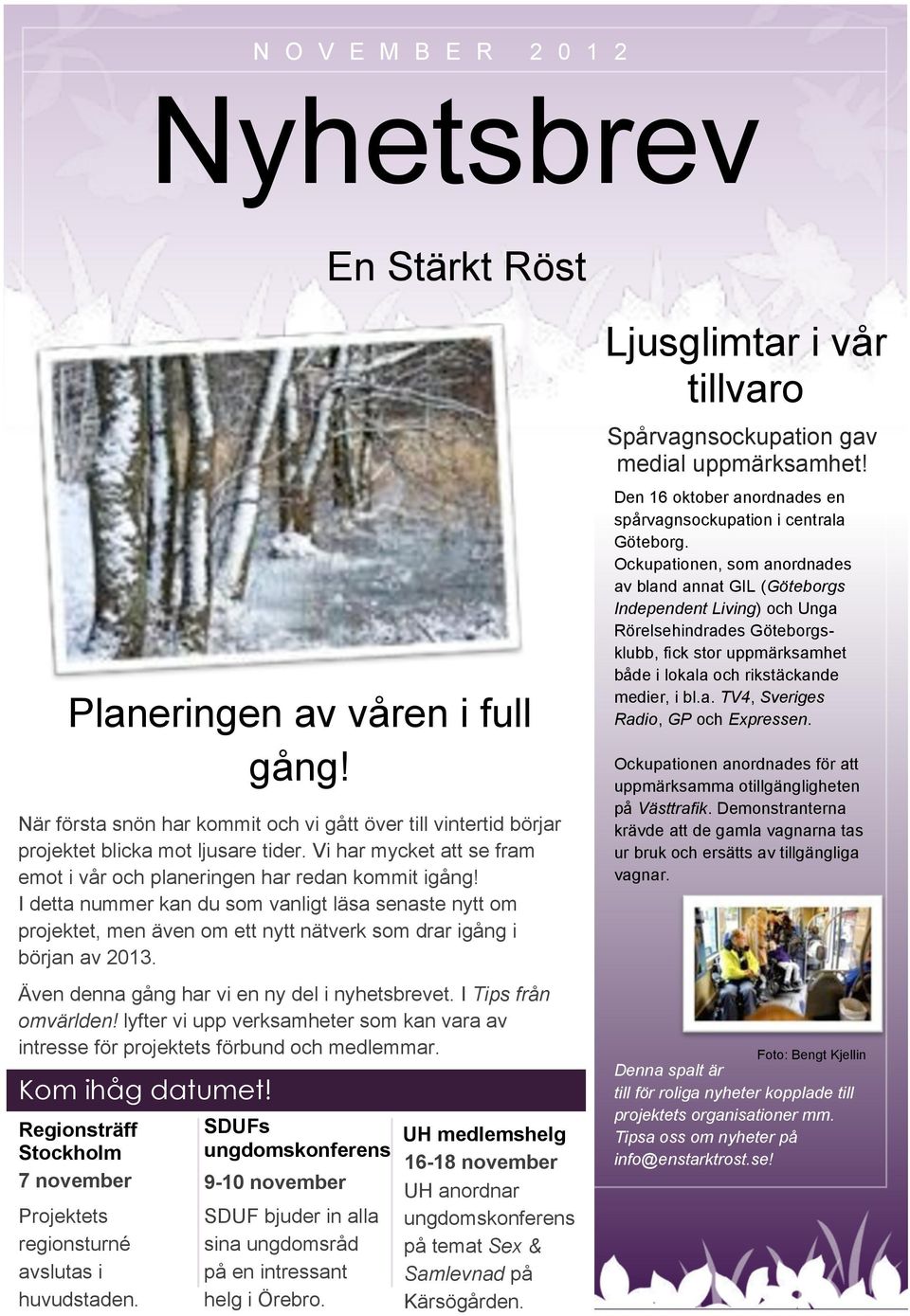 I detta nummer kan du som vanligt läsa senaste nytt om projektet, men även om ett nytt nätverk som drar igång i början av 2013. Även denna gång har vi en ny del i nyhetsbrevet. I Tips från omvärlden!