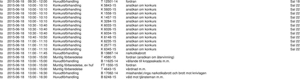 2015-06-18 10:00-10:10 Konkursförhandling K 3284-15 ansökan om konkurs Sal 22 to 2015-06-18 10:30-10:40 Konkursförhandling K 6033-15 ansökan om konkurs Sal 22 to 2015-06-18 10:30-10:40