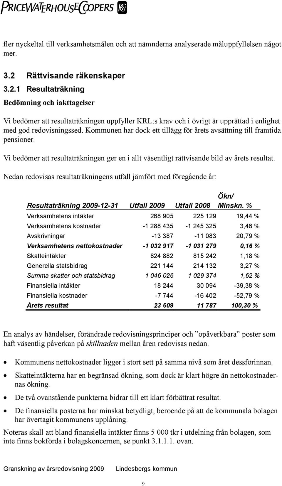 Kommunen har dock ett tillägg för årets avsättning till framtida pensioner. Vi bedömer att resultaträkningen ger en i allt väsentligt rättvisande bild av årets resultat.