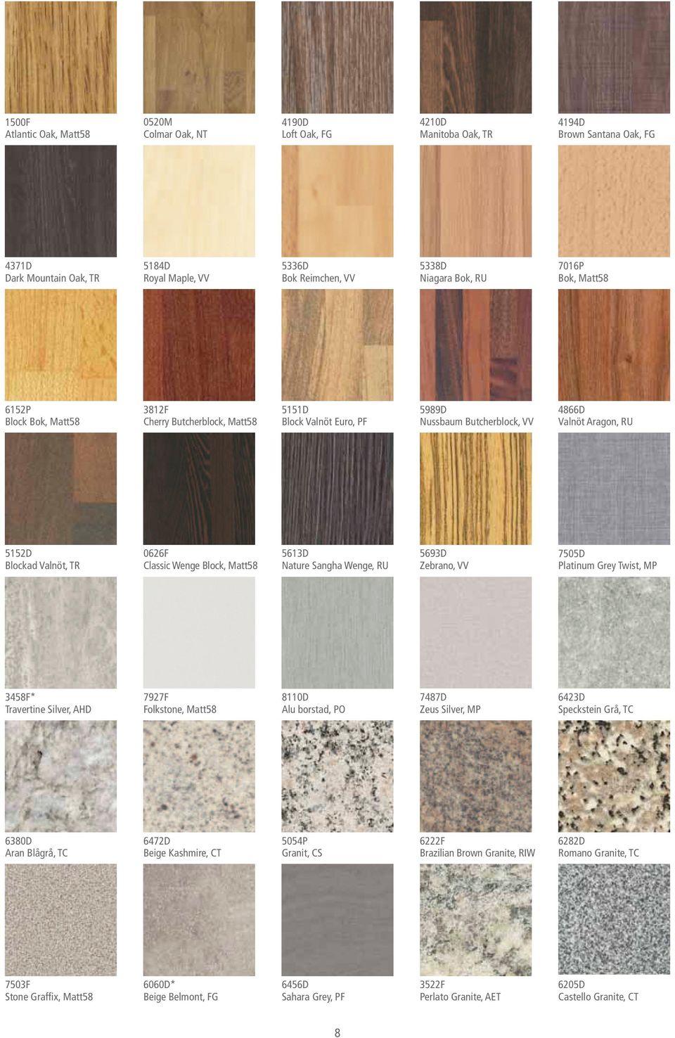 TR 0626F Classic Wenge Block, Matt58 5613D Nature Sangha Wenge, RU 5693D Zebrano, VV 7505D Platinum Grey Twist, MP 3458F* Travertine Silver, AHD 7927F Folkstone, Matt58 8110D Alu borstad, PO 7487D