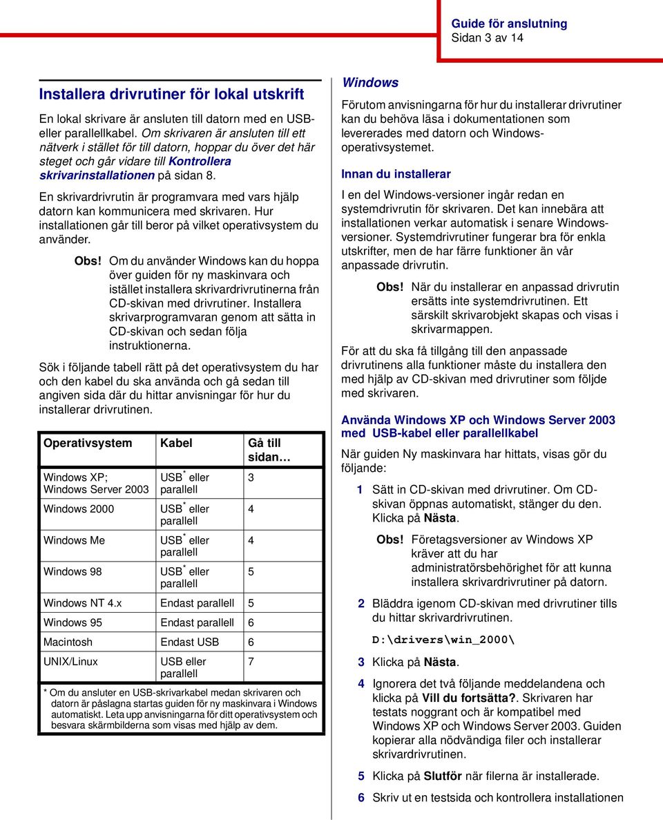 En skrivardrivrutin är programvara med vars hjälp datorn kan kommunicera med skrivaren. Hur installationen går till beror på vilket operativsystem du använder. Obs!