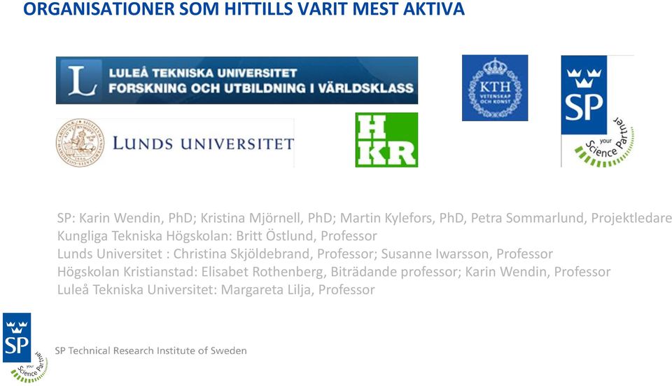 Universitet : Christina Skjöldebrand, Professor; Susanne Iwarsson, Professor Högskolan Kristianstad: