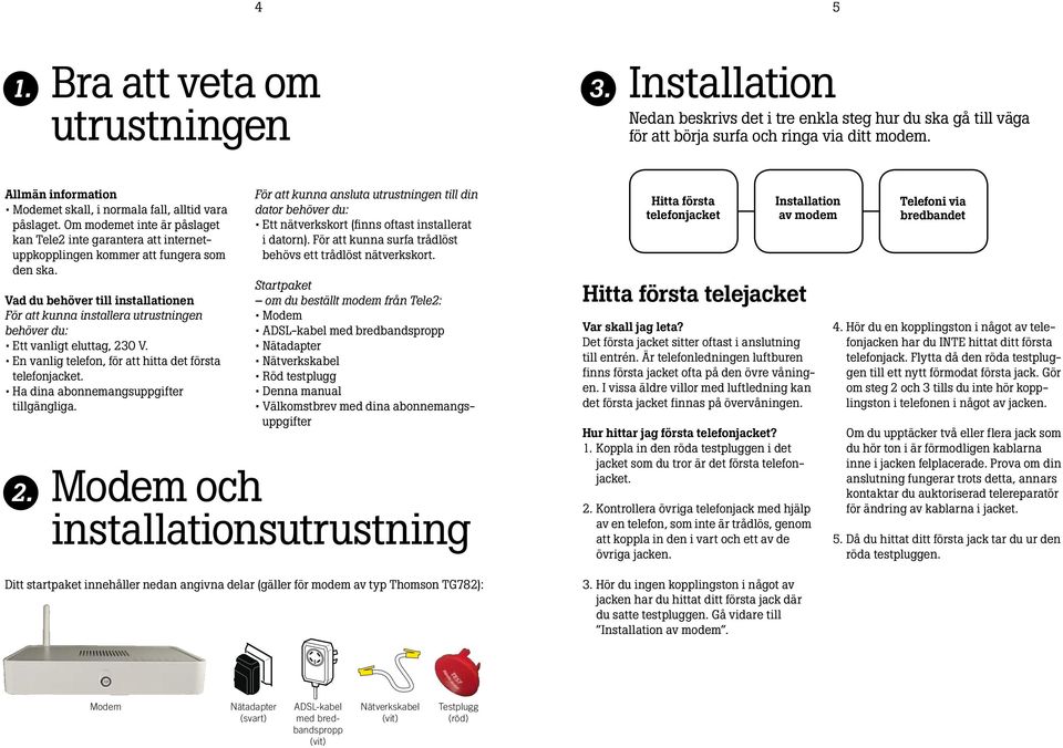 Vad du behöver till installationen För att kunna installera utrustningen behöver du: Ett vanligt eluttag, 230 V. En vanlig telefon, för att hitta det första telefonjacket.