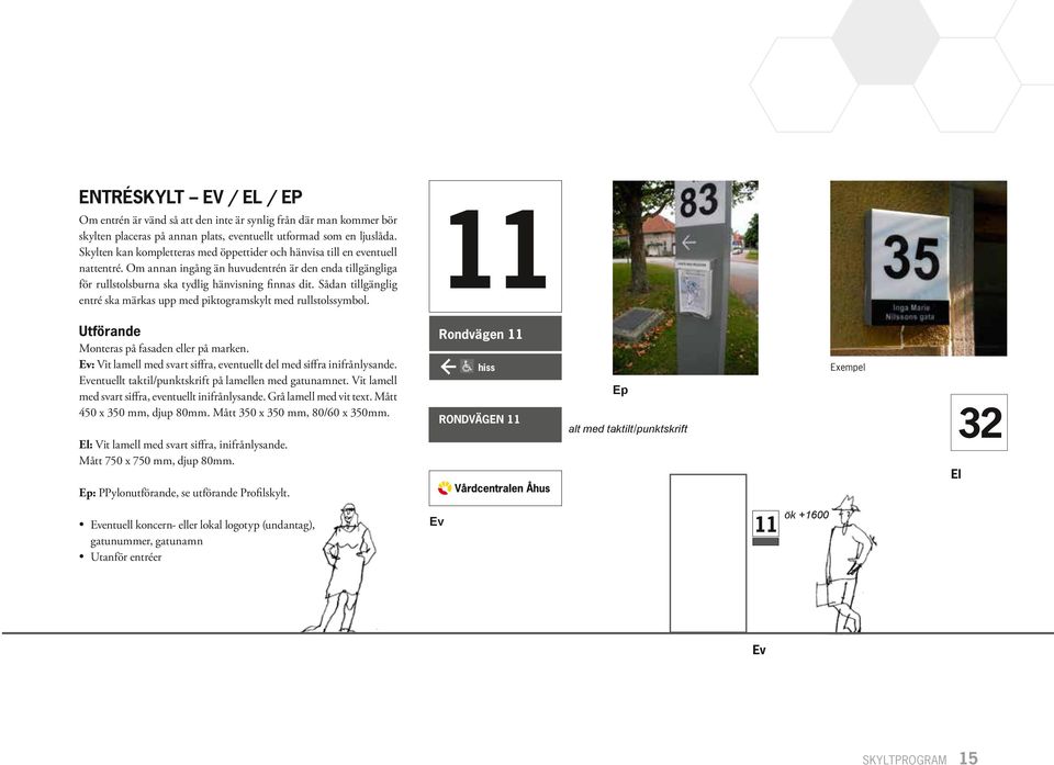 Sådan tillgänglig entré ska märkas upp med piktogramskylt med rullstolssymbol. Monteras på fasaden eller på marken. Ev: Vit lamell med svart siffra, eventuellt del med siffra inifrånlysande.