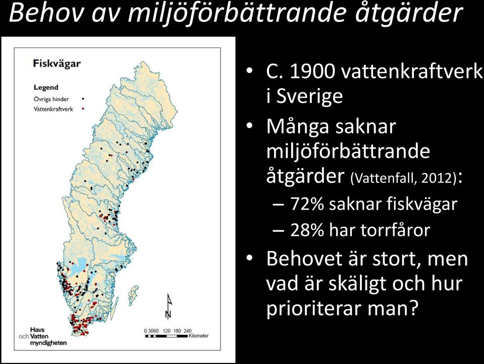 åtgärder (Vattenfall, 2012): 72% saknar fiskvägar 28% har