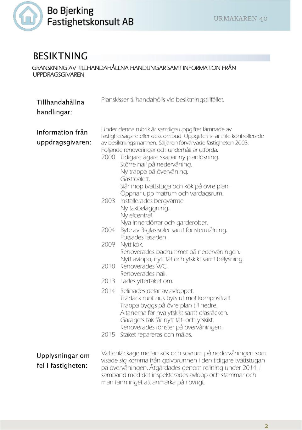 Säljaren förvärvade fastigheten 2003. Följande renoveringar och underhåll är utförda. 2000 Tidigare ägare skapar ny planlösning. Större hall på nedervåning. Ny trappa på övervåning. Gästtoalett.