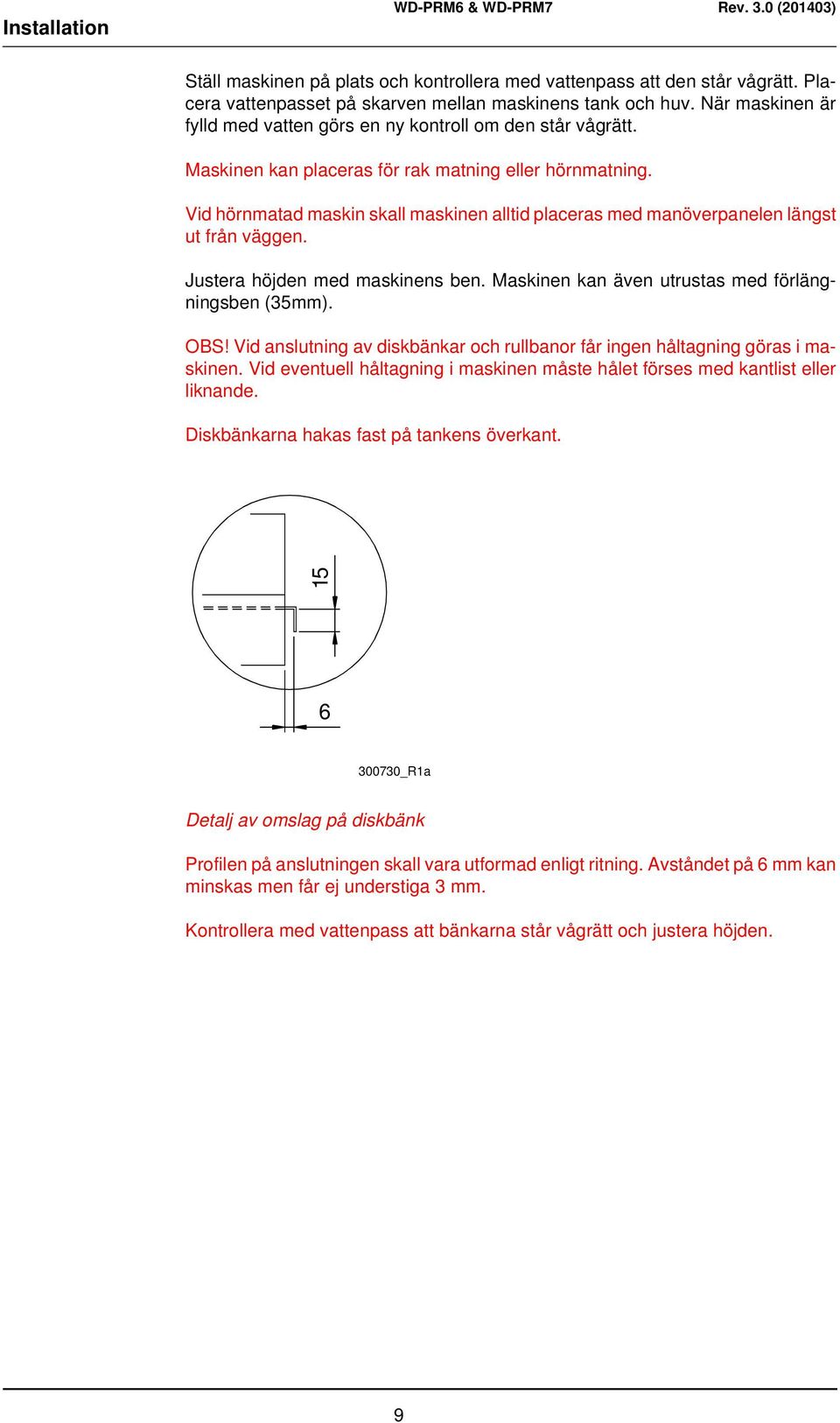 Vid hörnmatad maskin skall maskinen alltid placeras med manöverpanelen längst ut från väggen. Justera höjden med maskinens ben. Maskinen kan även utrustas med förlängningsben (35mm). OBS!