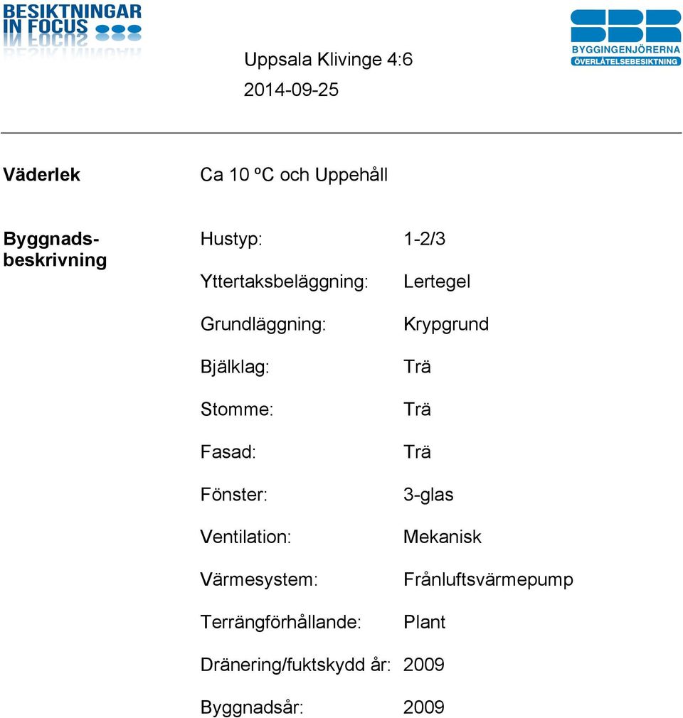 Ventilation: Värmesystem: Terrängförhållande: Dränering/fuktskydd år: