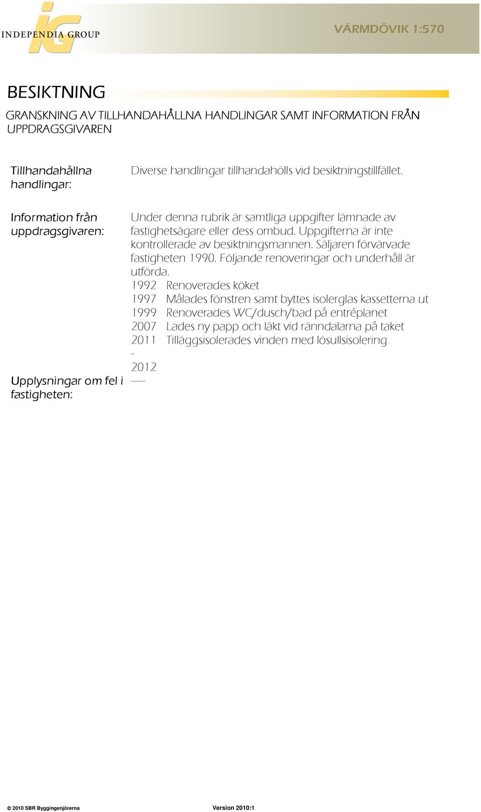 Uppgifterna är inte kontrollerade av besiktningsmannen. Säljaren förvärvade fastigheten 1990. Följande renoveringar och underhåll är utförda.