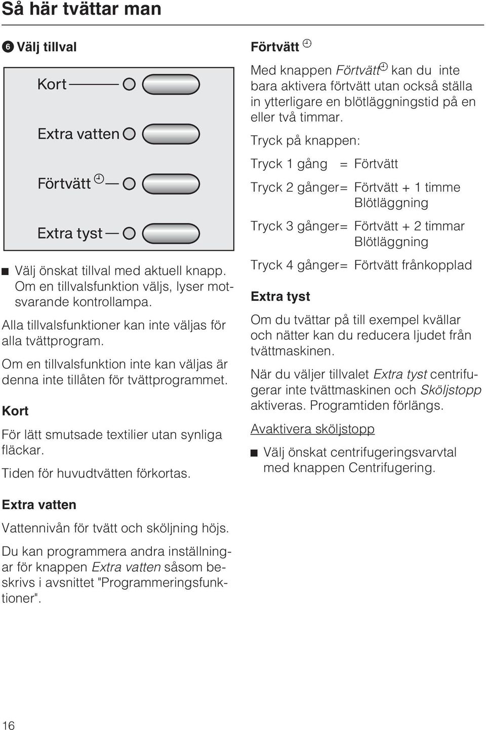 Förtvätt Med knappen Förtvätt kan du inte bara aktivera förtvätt utan också ställa in ytterligare en blötläggningstid på en eller två timmar.