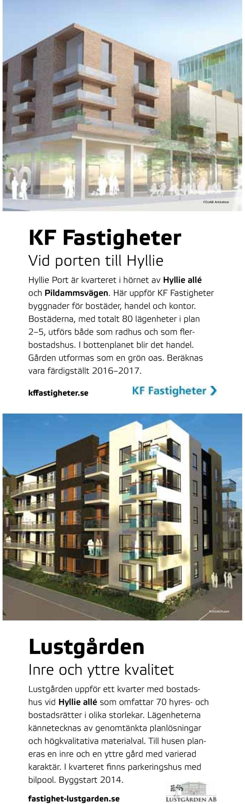 kffastigheter.se Arkitekthuset Lustgården Inre och yttre kvalitet Lustgården uppför ett kvarter med bostadshus vid Hyllie allé som omfattar 70 hyres- och bostadsrätter i olika storlekar.