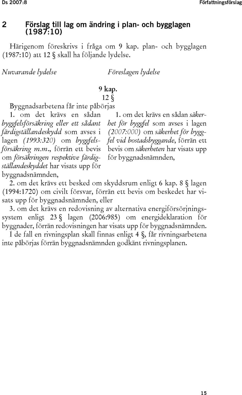 om det krävs en sådan byggfelsförsäkring eller ett sådant färdigställandeskydd som avses i lagen (1993:320) om byggfelsförsäkring m.m., förrän ett bevis om försäkringen respektive färdigställandeskyddet har visats upp för byggnadsnämnden, 1.