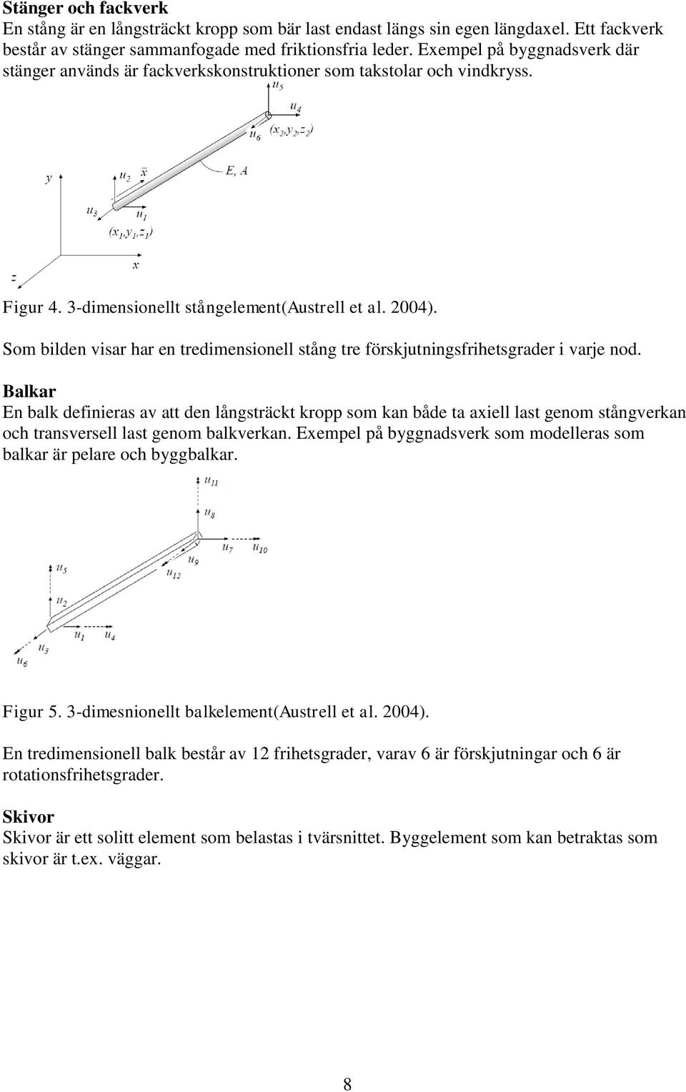 Som bilden visar har en tredimensionell stång tre förskjutningsfrihetsgrader i varje nod.