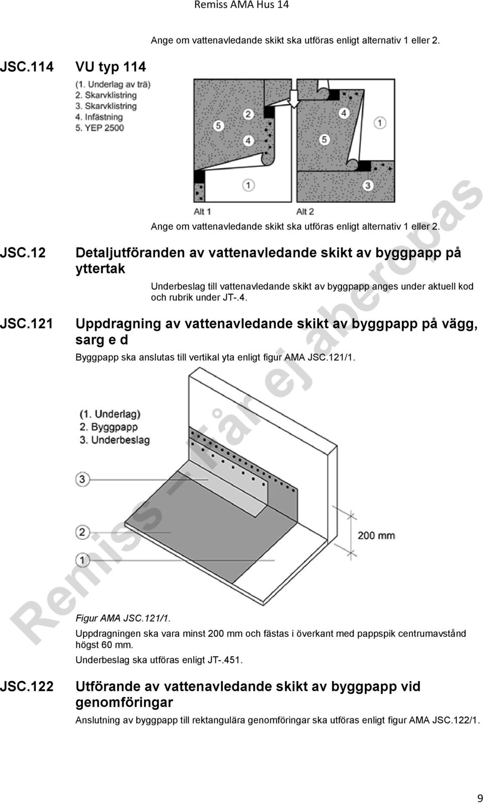 Uppdragning av vattenavledande skikt av byggpapp på vägg, sarg e d Byggpapp ska anslutas till vertikal yta enligt figur AMA JSC.121/1.