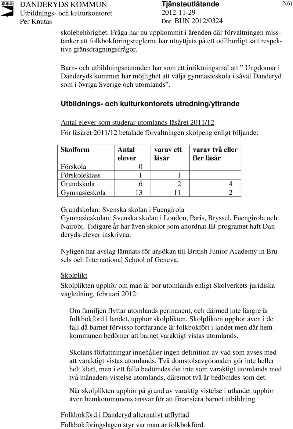 s utredning/yttrande Antal elever som studerar utomlands läsåret 2011/12 För läsåret 2011/12 betalade förvaltningen skolpeng enligt följande: Skolform Antal elever varav ett läsår varav två eller