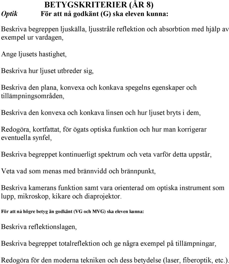 kortfattat, för ögats optiska funktion och hur man korrigerar eventuella synfel, Beskriva begreppet kontinuerligt spektrum och veta varför detta uppstår, Veta vad som menas med brännvidd och