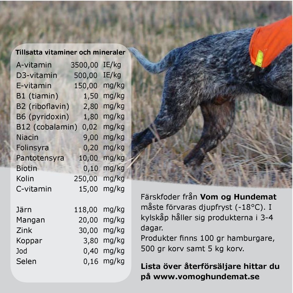 Zink 30,00 Koppar 3,80 Jod 0,40 Selen 0,16 IE/kg IE/kg Färskfoder från Vom og Hundemat måste förvaras djupfryst (-18 C).