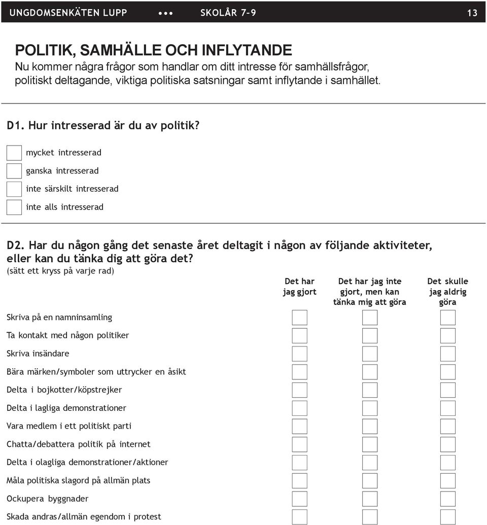 Har du någon gång det senaste året deltagit i någon av fölnde aktiviteter, eller kan du tänka dig att göra det?