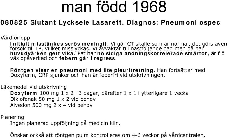 Röntgen visar en pneumoni med lite pleuritretning. Han fortsätter med Doxyferm, CRP sjunker och han är feberfri vid utskrivningen.