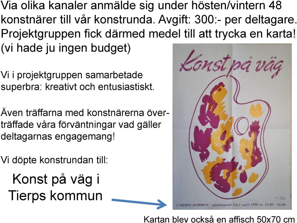 (vi hade ju ingen budget) Vi i projektgruppen samarbetade superbra: kreativt och entusiastiskt.