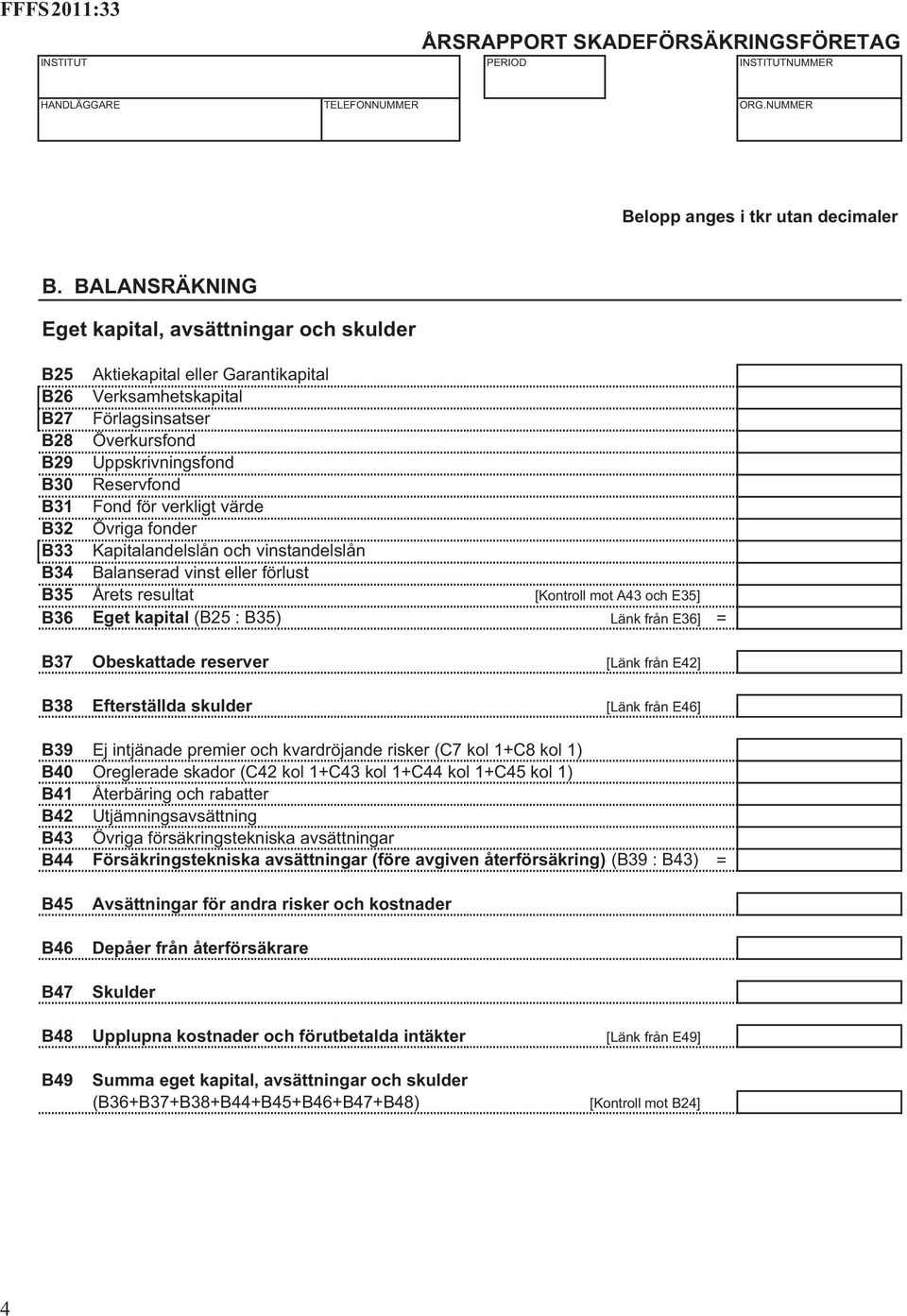 för verkligt värde B32 Övriga fonder B33 Kapitalandelslån och vinstandelslån B34 Balanserad vinst eller förlust B35 Årets resultat [Kontroll mot A43 och E35] B36 Eget kapital (B25 : B35) Länk från