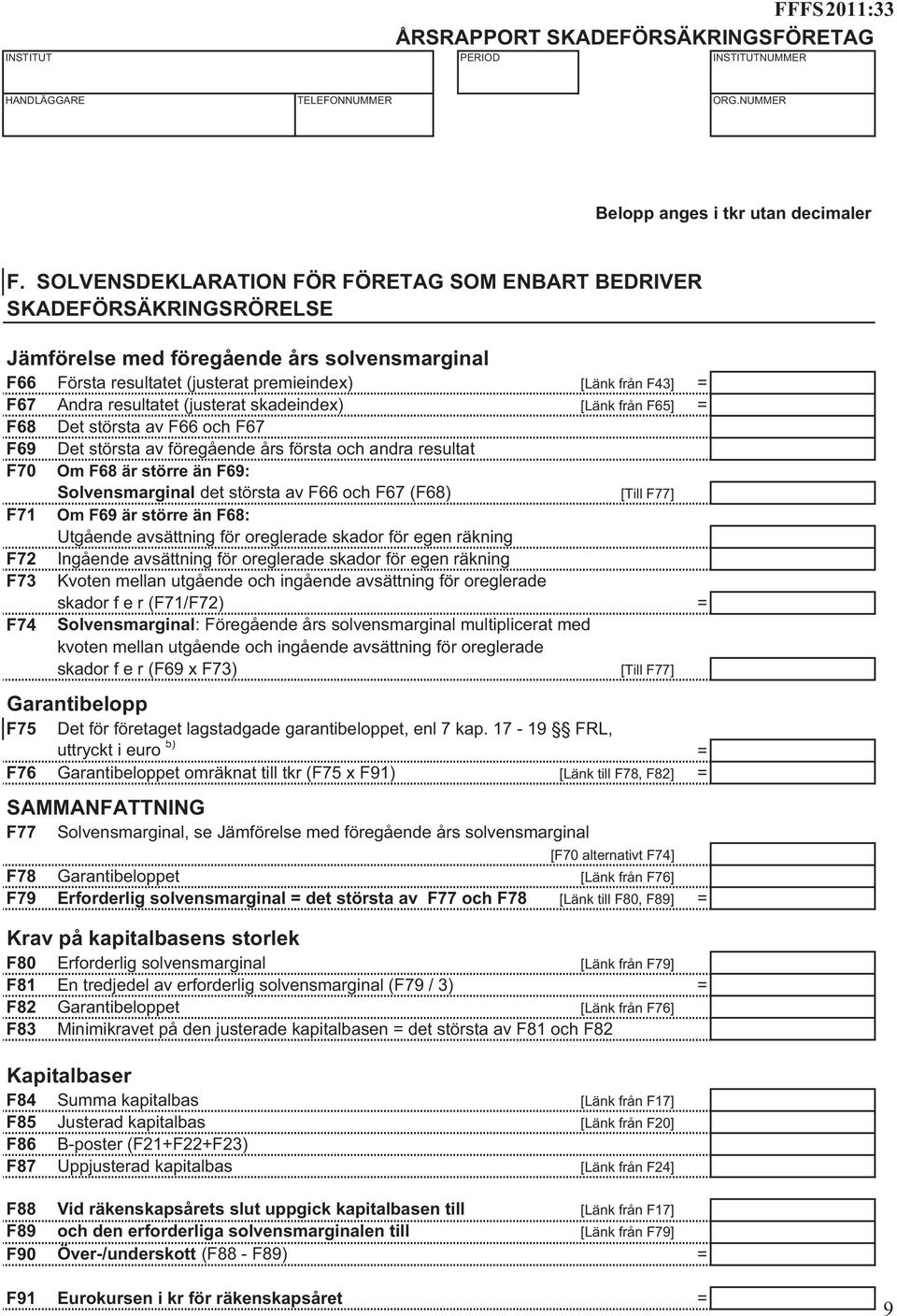 resultatet (justerat skadeindex) [Länk från F65] = F68 Det största av F66 och F67 F69 Det största av föregående års första och andra resultat F70 Om F68 är större än F69: Solvensmarginal det största