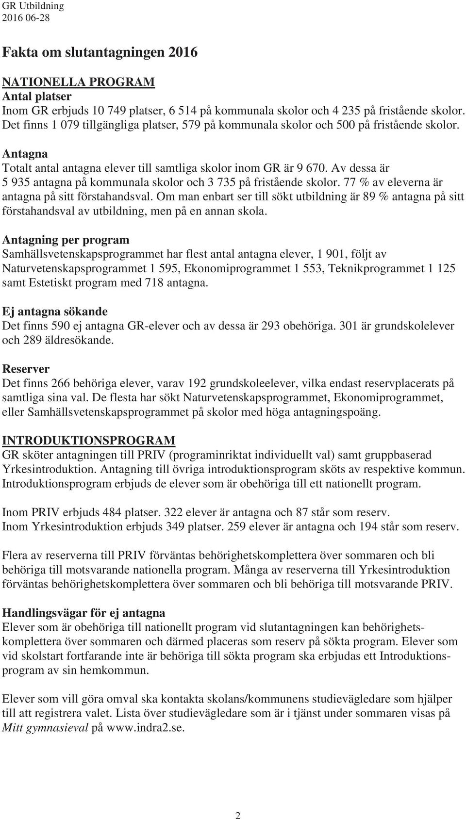 Av dessa är 5 935 antagna på kommunala skolor och 3 735 på fristående skolor. 77 % av eleverna är antagna på sitt förstahandsval.