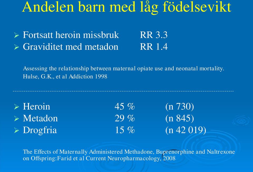 , et al Addiction 1998 Heroin 45 % (n 730) Metadon 29 % (n 845) Drogfria 15 % (n 42 019) The Effects