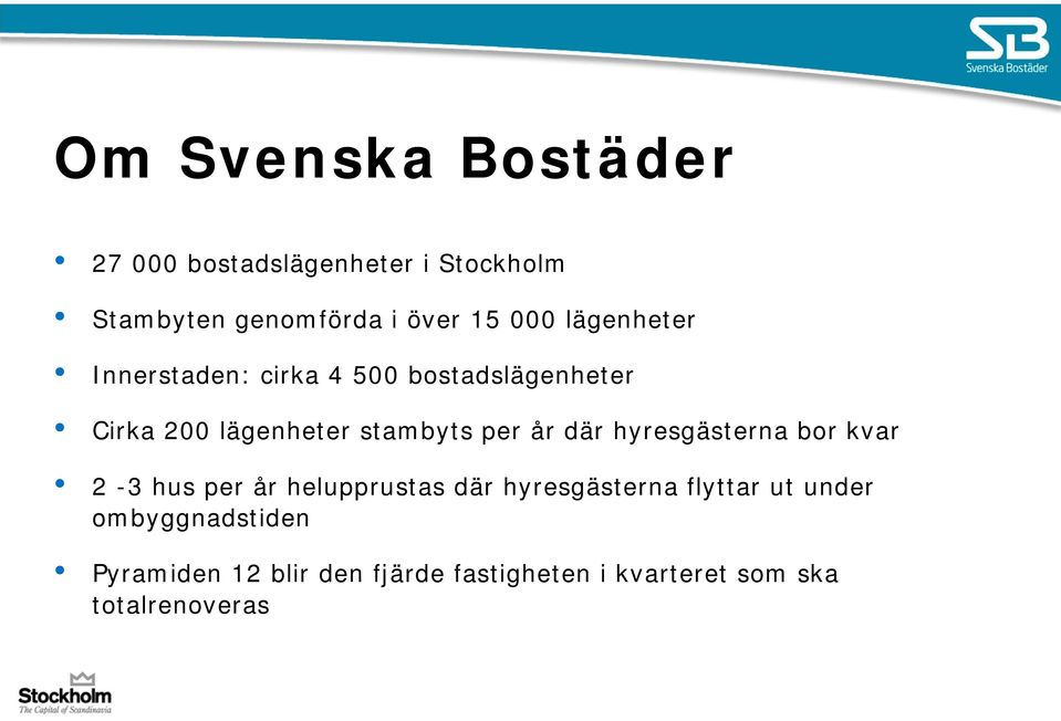 per år där hyresgästerna bor kvar 2-3 hus per år helupprustas där hyresgästerna flyttar ut