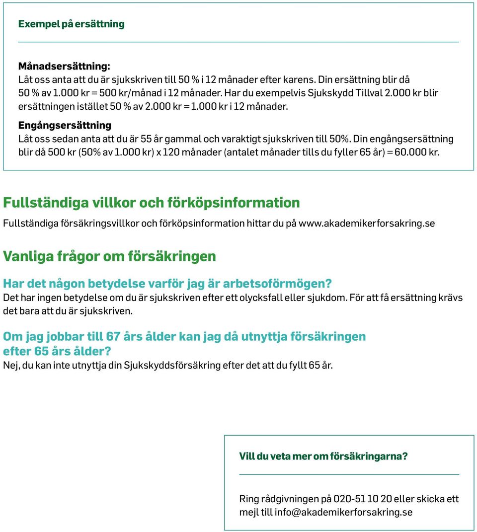 Engångsersättning Låt oss sedan anta att du är 55 år gammal och varaktigt sjukskriven till 50%. Din engångsersättning blir då 500 kr (50% av 1.