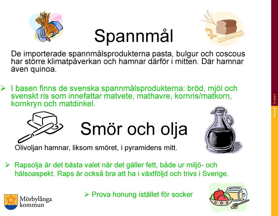 I basen finns de svenska spannmålsprodukterna: bröd, mjöl och svenskt ris som innefattar matvete, mathavre, kornris/matkorn, kornkryn