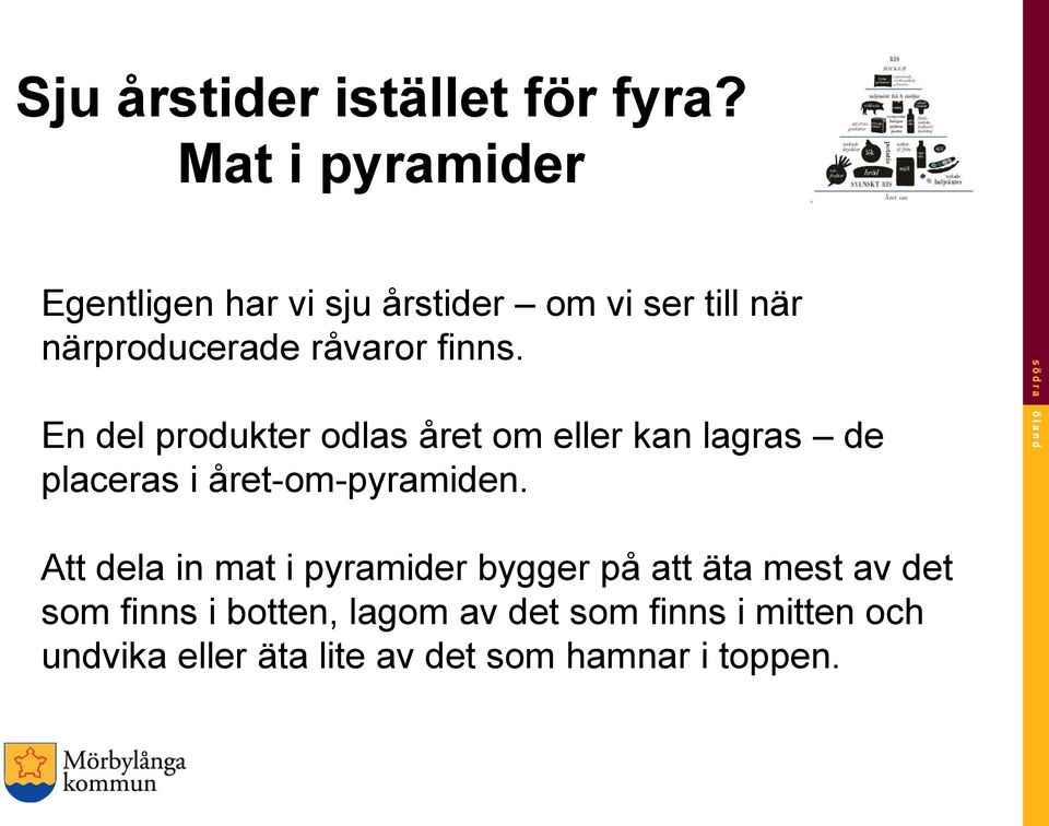 råvaror finns. En del produkter odlas året om eller kan lagras de placeras i året-om-pyramiden.