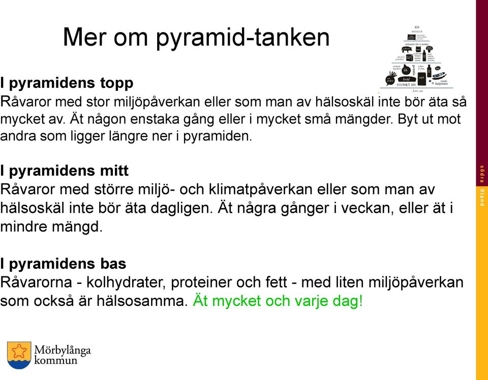 I pyramidens mitt Råvaror med större miljö- och klimatpåverkan eller som man av hälsoskäl inte bör äta dagligen.