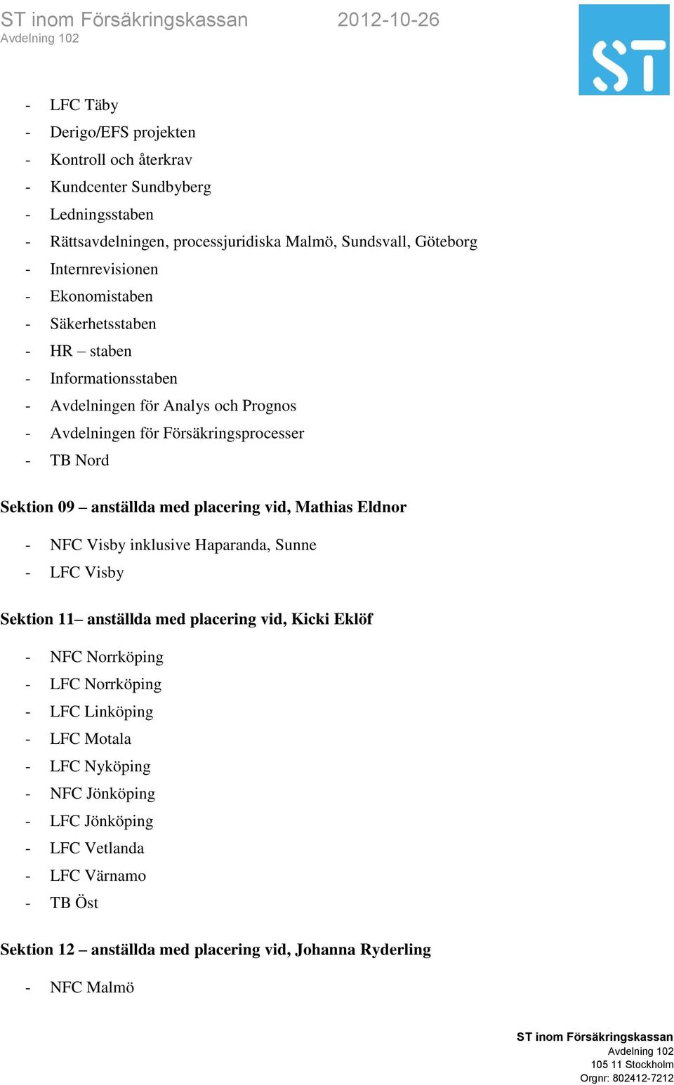09 anställda med placering vid, Mathias Eldnor - NFC Visby inklusive Haparanda, Sunne - LFC Visby Sektion 11 anställda med placering vid, Kicki Eklöf - NFC Norrköping - LFC