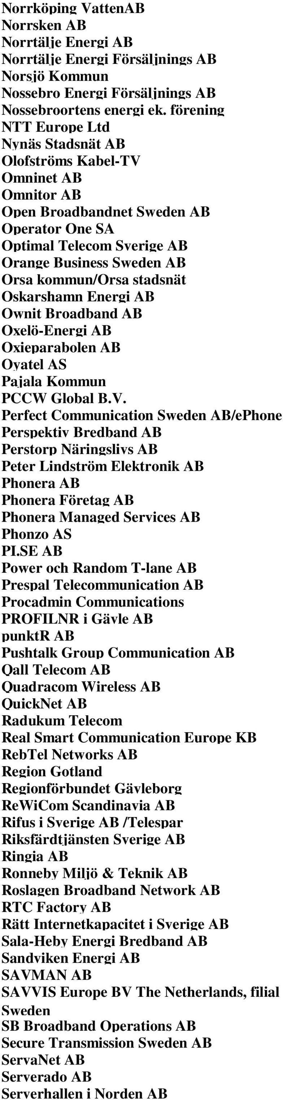 stadsnät Oskarshamn Energi AB Ownit Broadband AB Oxelö-Energi AB Oxieparabolen AB Oyatel AS Pajala Kommun PCCW Global B.V.