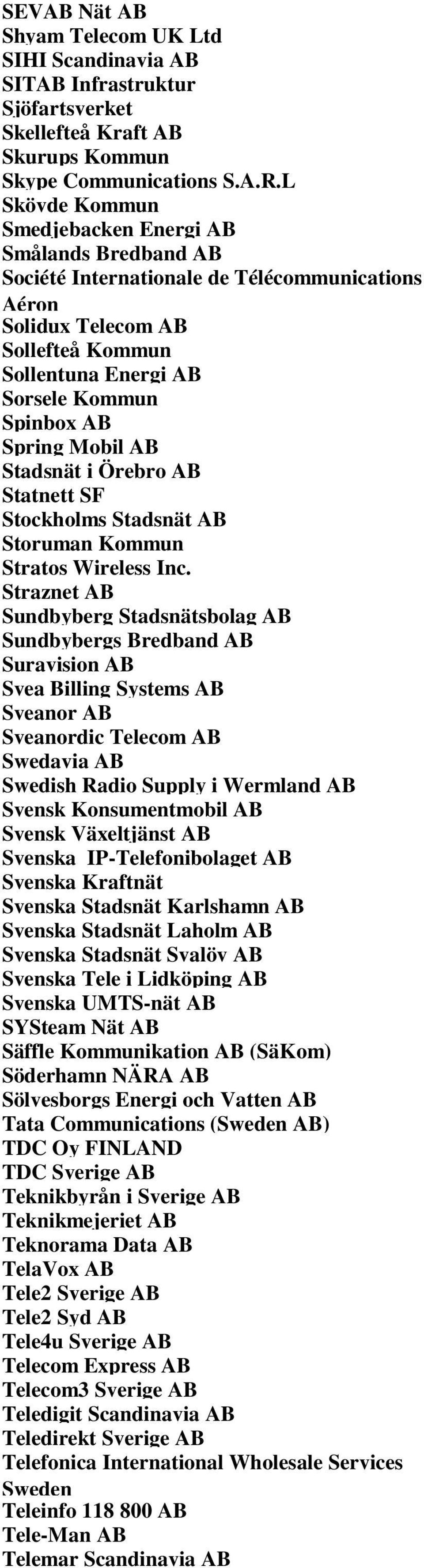 Spring Mobil AB Stadsnät i Örebro AB Statnett SF Stockholms Stadsnät AB Storuman Kommun Stratos Wireless Inc.