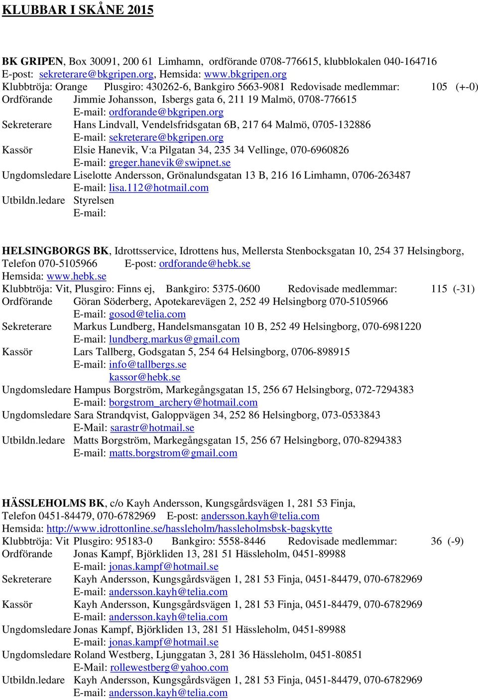 org Klubbtröja: Orange Plusgiro: 430262-6, Bankgiro 5663-9081 Redovisade medlemmar: 105 (+-0) Ordförande Jimmie Johansson, Isbergs gata 6, 211 19 Malmö, 0708-776615 E-mail: ordforande@bkgripen.