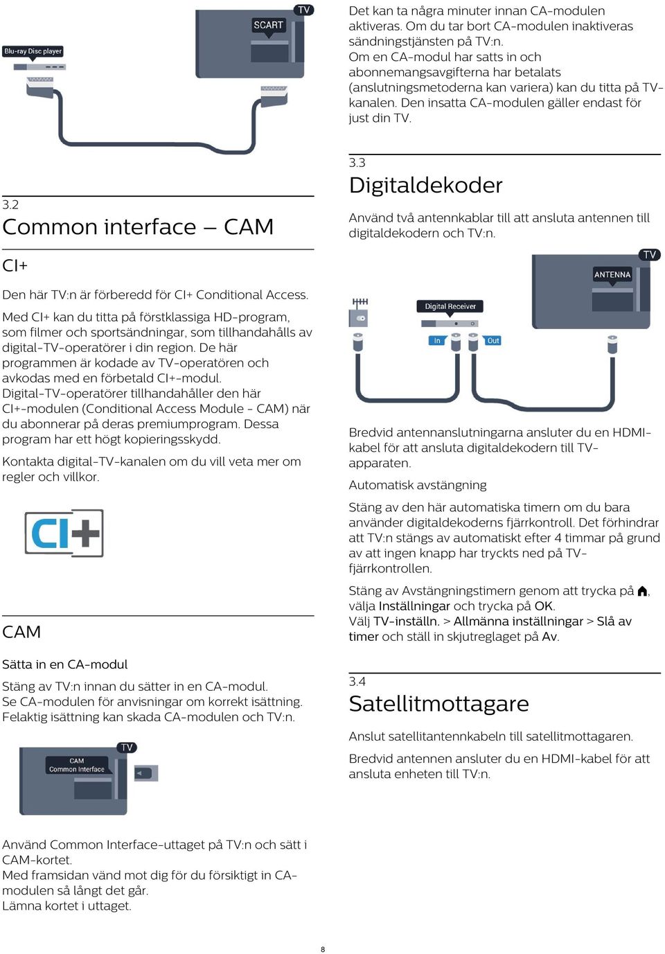 3 Digitaldekoder 3.2 Använd två antennkablar till att ansluta antennen till digitaldekodern och TV:n. Common interface CAM CI+ Den här TV:n är förberedd för CI+ Conditional Access.