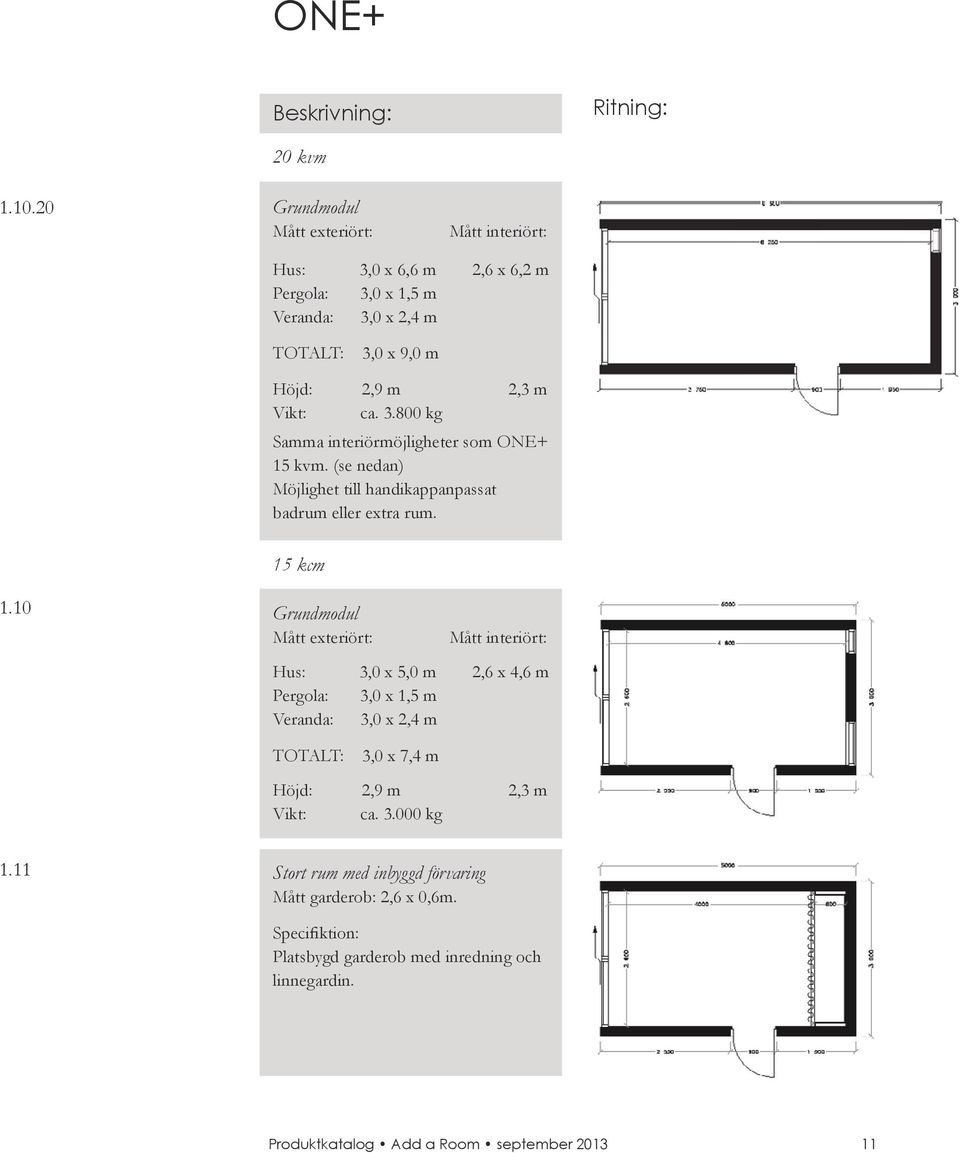 m Vikt: ca. 3.800 kg Samma interiörmöjligheter som ONE+ 15 kvm. (se nedan) Möjlighet till handikappanpassat badrum eller extra rum. 15 kcm 1.