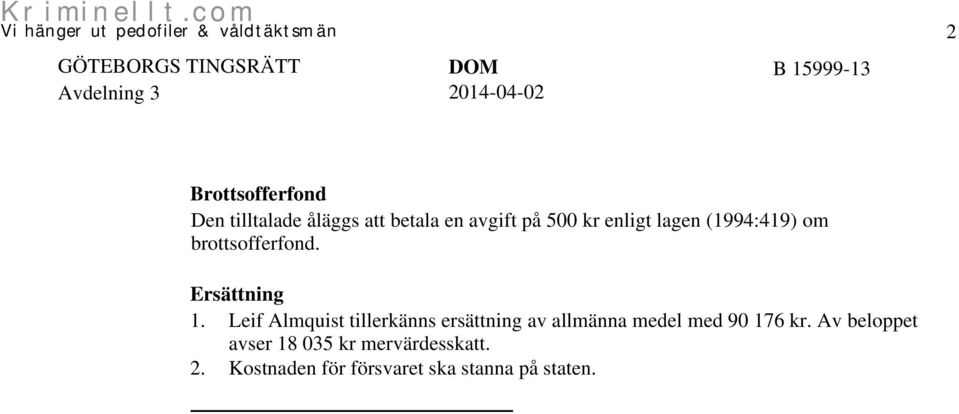 Leif Almquist tillerkänns ersättning av allmänna medel med 90 176 kr.
