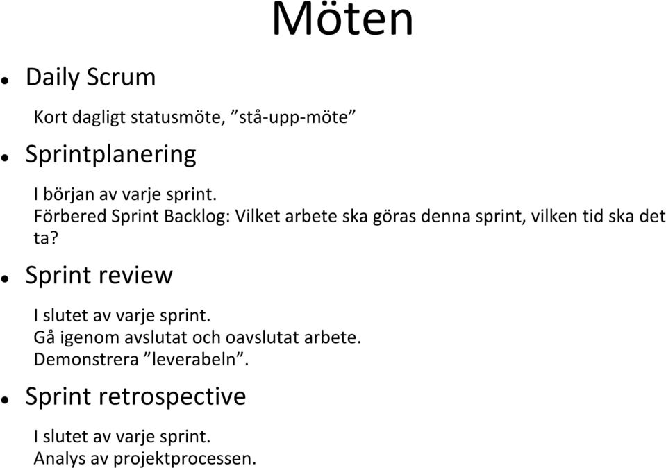 Förbered Sprint Backlog: Vilket arbete ska göras denna sprint, vilken tid ska det ta?