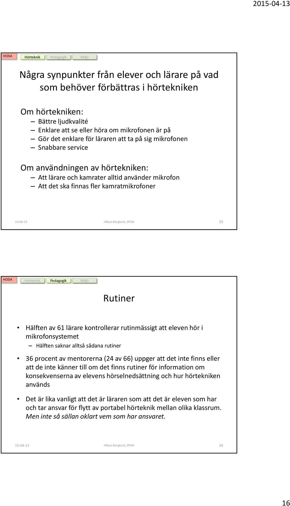 av 61 lärare kontrollerar rutinmässigt att eleven hör i mikrofonsystemet Hälften saknar alltså sådana rutiner 36 procent av mentorerna (24 av 66) uppger att det inte finns eller att de inte känner
