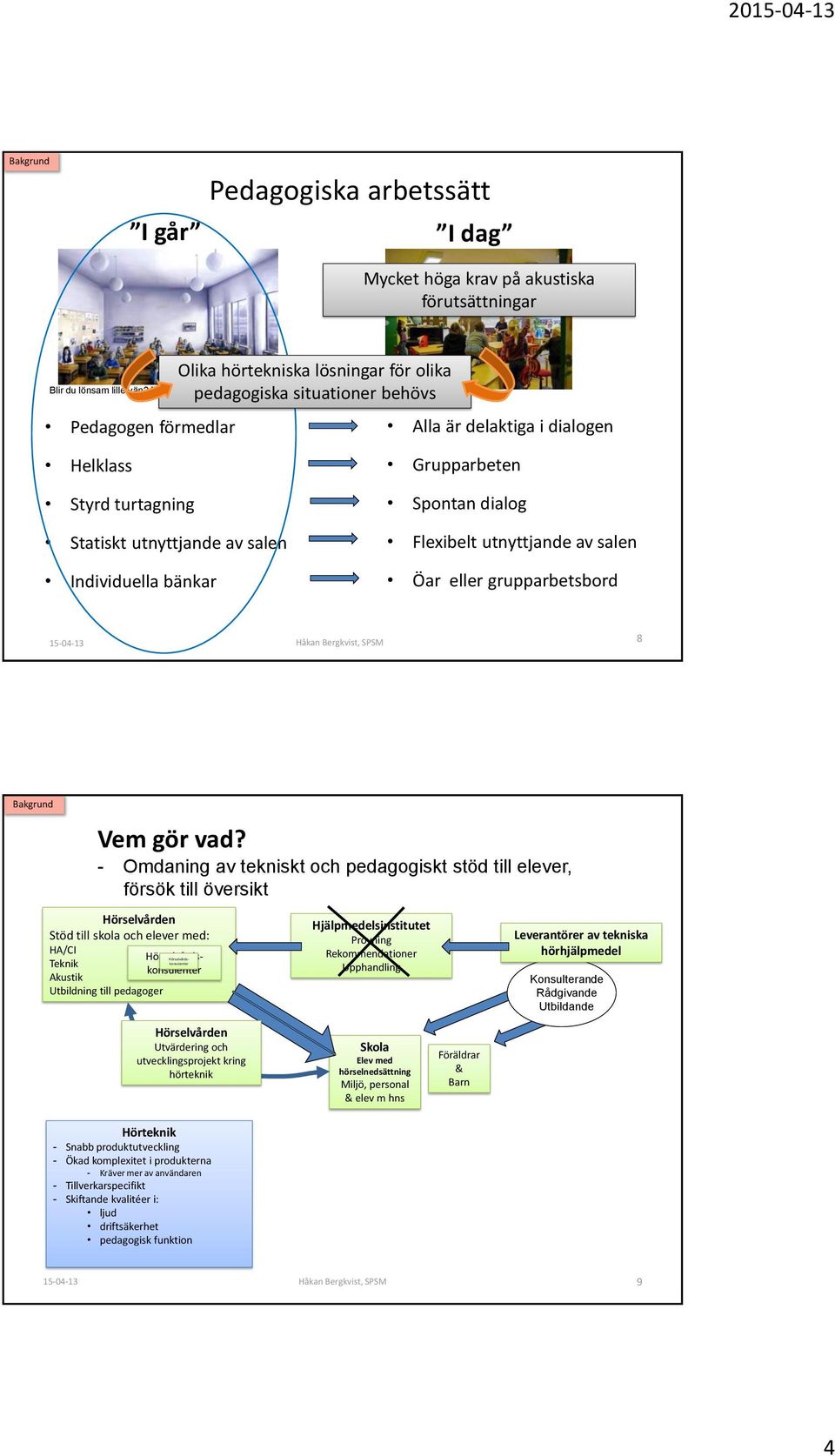 Grupparbeten Spontan dialog Flexibelt utnyttjande av salen Öar eller grupparbetsbord Håkan Bergkvist, SPSM 8 Bakgrund Vem gör vad?