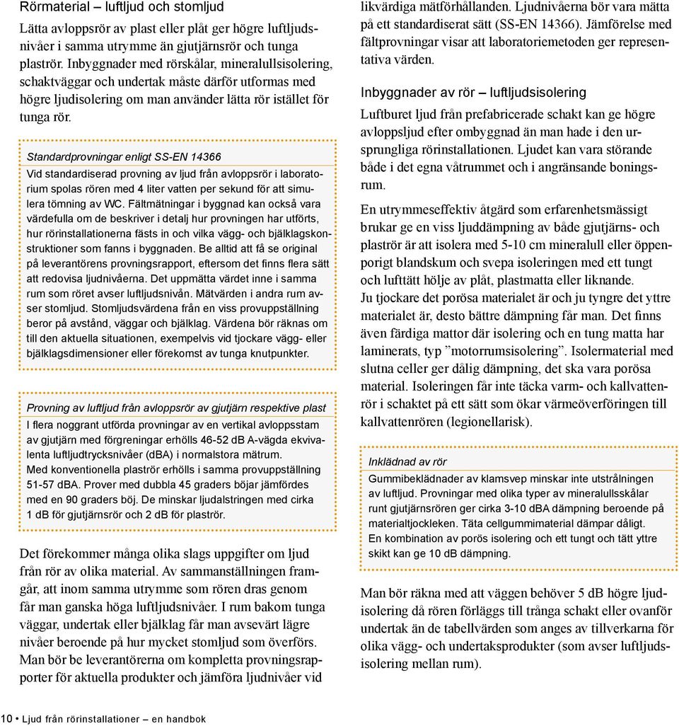 Standardprovningar enligt SS-EN 14366 Vid standardiserad provning av ljud från avloppsrör i laboratorium spolas rören med 4 liter vatten per sekund för att simulera tömning av WC.