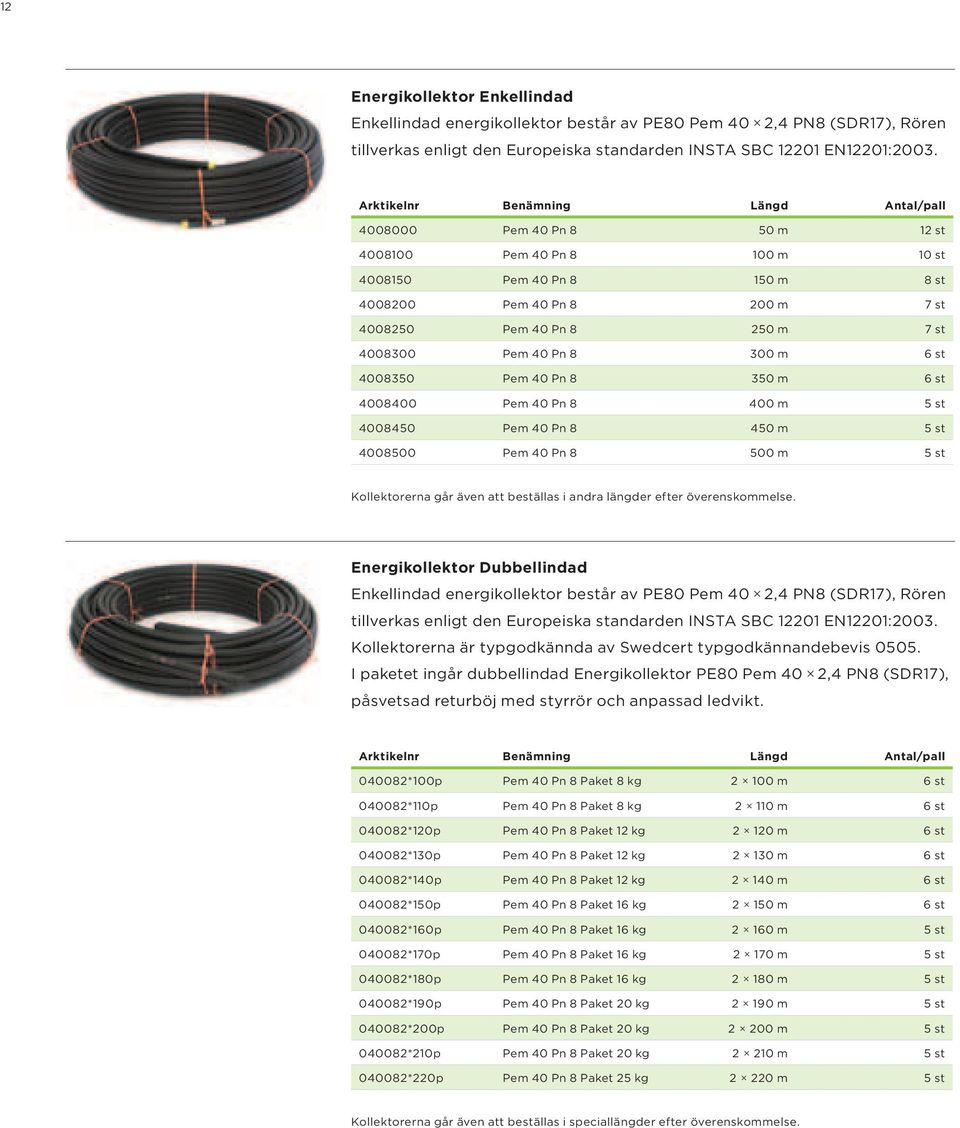 6 st 4008350 Pem 40 Pn 8 350 m 6 st 4008400 Pem 40 Pn 8 400 m 5 st 4008450 Pem 40 Pn 8 450 m 5 st 4008500 Pem 40 Pn 8 500 m 5 st Kollektorerna går även att beställas i andra längder efter